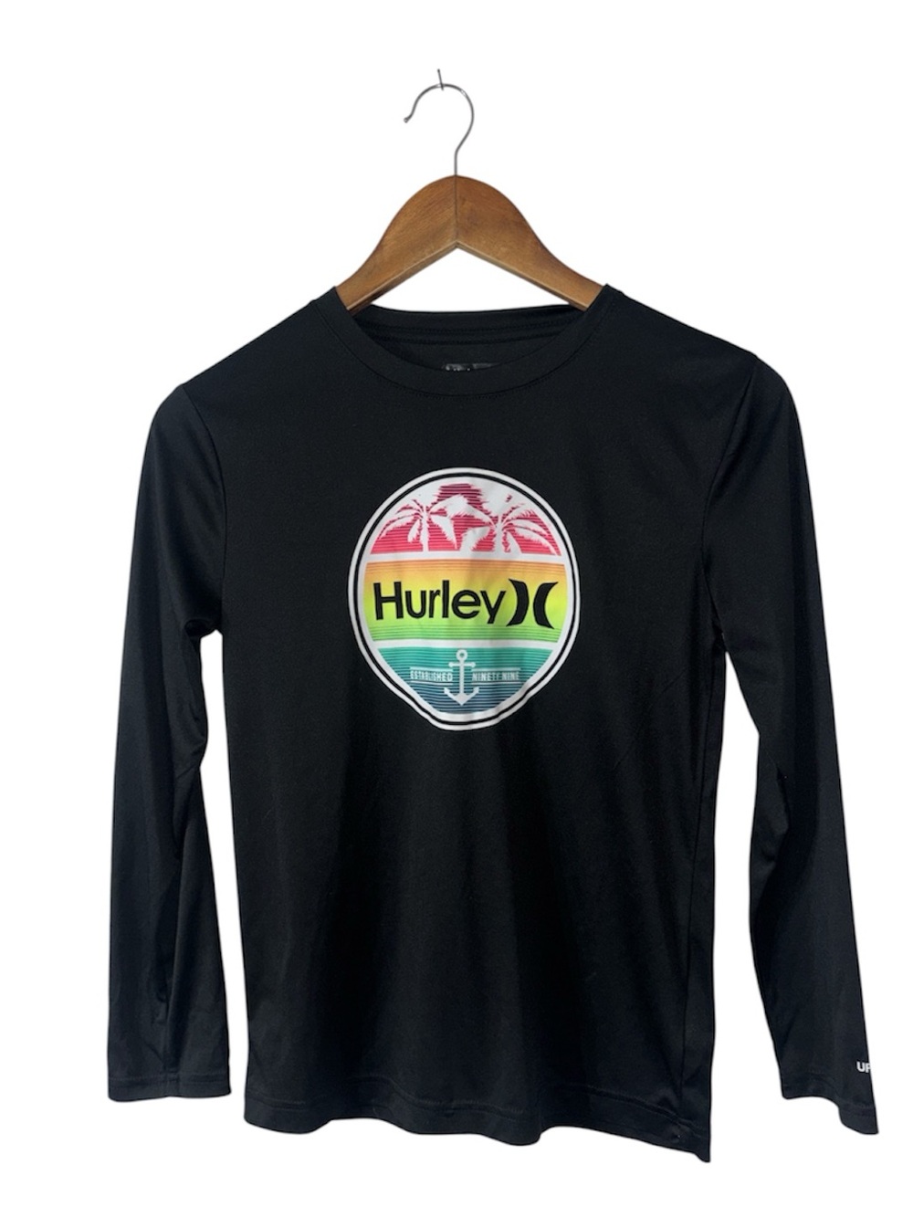 Hurley Boys Long Sleeve Rash Guard Swim Shirt Black UPF 50+ Size 10/12 M